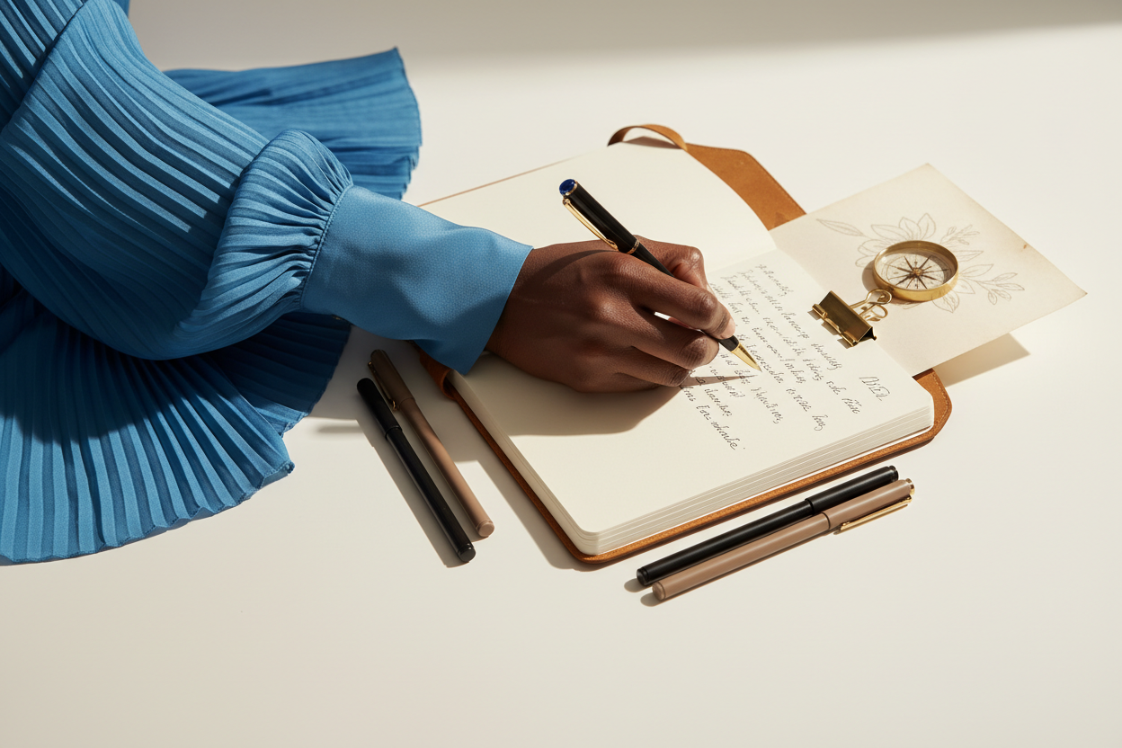 Black woman's hand writing with azure blue sleeve